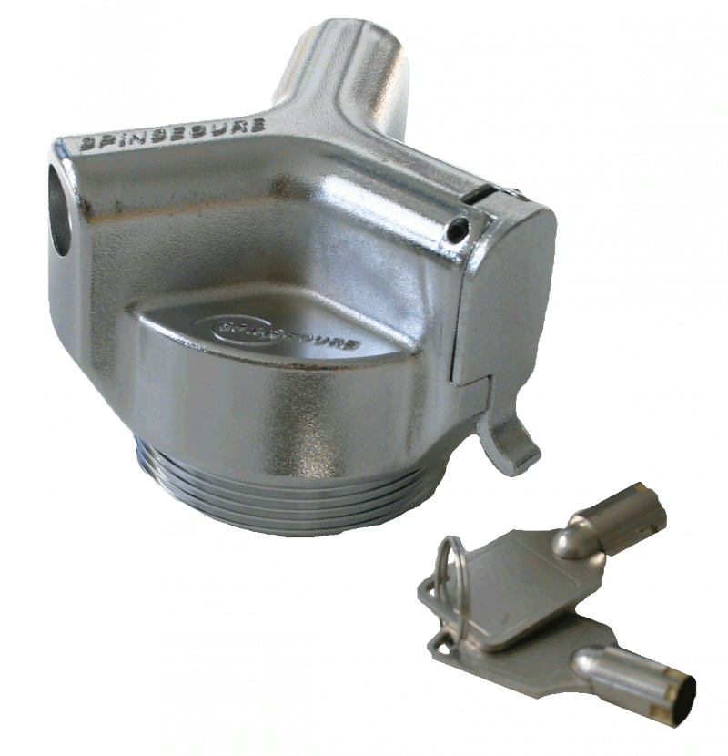 Thermal Relief Spin-Secure Locking Fill Cap and Adaptor
