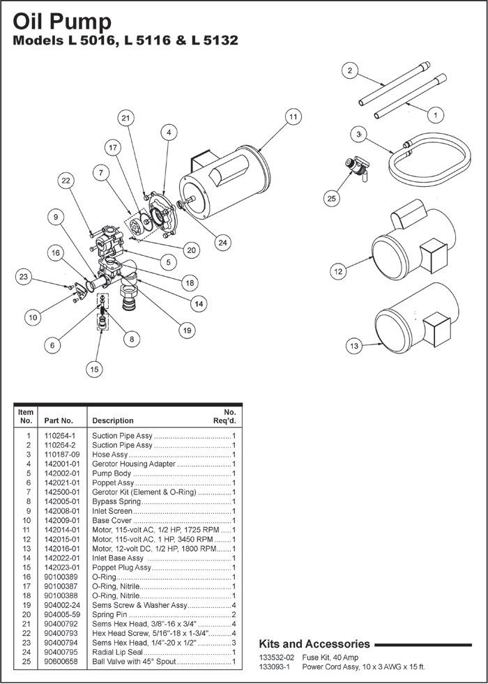 L-5016, L-5116, L-5132 Parts 12 Volt DC / 115 Volt AC Oil Pump