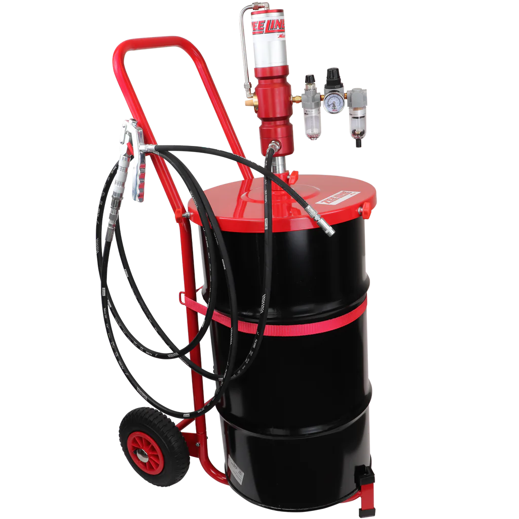 Includes 60:1 Pump, Drum Cover, Follower Plate, 12 ft. Hose, Nozzle, Filter Regulator, Cart